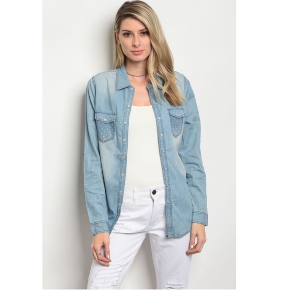 Denim Polka Dot Patch Top - Picture 1 of 16